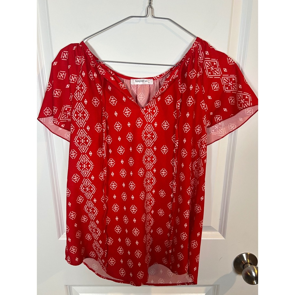 SimpleFun Womens Blouse Geometric‎ Diamond Pattern Red Small
